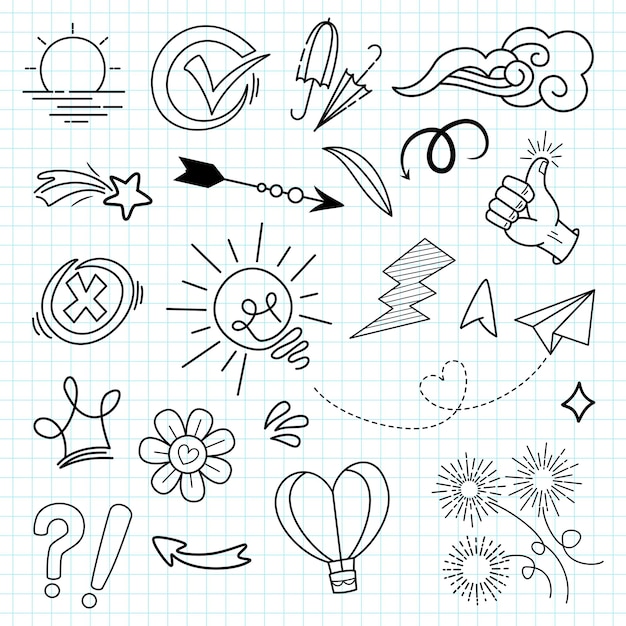 Doodle vector set illustratie met hand loting lijn kunst stijl vector. kroon, koning, zon, pijl, hart, liefde, ster, werveling, swoops, nadruk, voor conceptontwerp