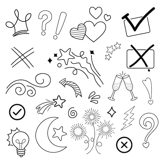 Vector doodle vector set illustratie met hand loting lijn kunst stijl vector. kroon, koning, zon, pijl, hart, liefde, ster, werveling, swoops, nadruk, voor conceptontwerp