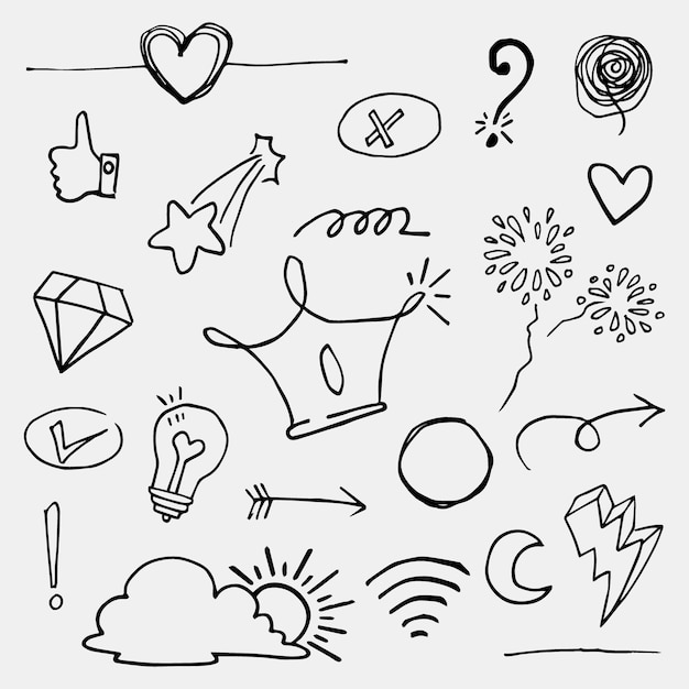 Doodle vector set illustratie met hand loting lijn kunst stijl vector. Kroon, koning, zon, pijl, hart, liefde, ster, werveling, swoops, nadruk, voor conceptontwerp