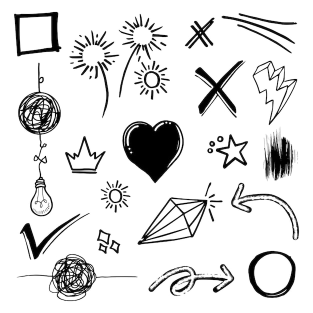 Vector doodle vector set illustratie met hand tekenen lijn kunststijl vector crown koning zon pijl enz