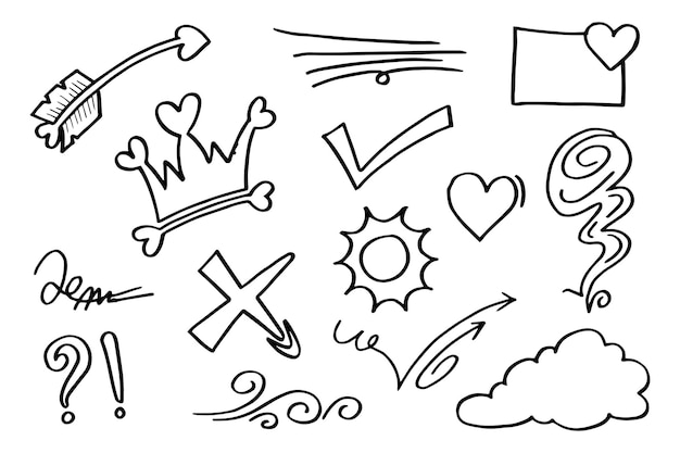 Doodle vector set illustratie met hand tekenen lijn kunststijl vector Kroon koning zon pijl hart liefde