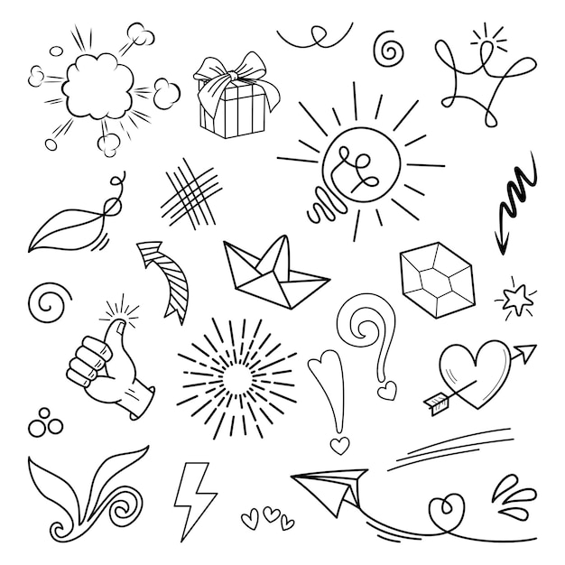 Doodle vector set illustration with hand draw line art style vector. crown, king, sun, arrow, heart, love, star, swirl, swoops, emphasis, for concept design
