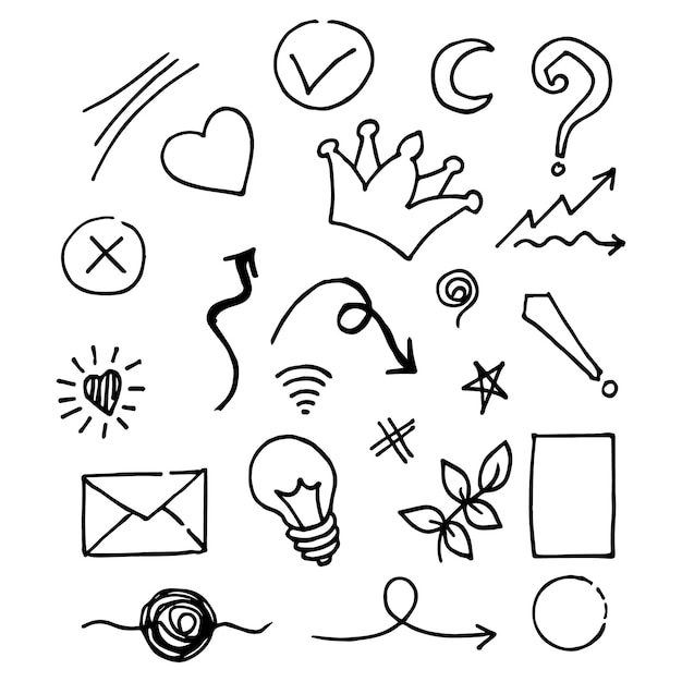 手描きの線画スタイルのベクトルと落書きベクトルセットイラスト。クラウン、キング、太陽、矢、ハート、愛、星、渦巻き、急降下、強調、コンセプトデザイン