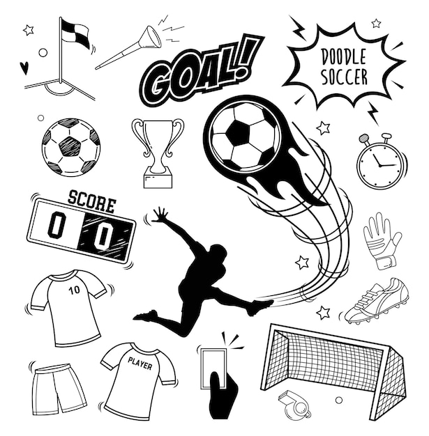 Vettore set vettoriale di doodle equipaggiamento sportivo di calcio e oggetti come maglia da palla da calcio