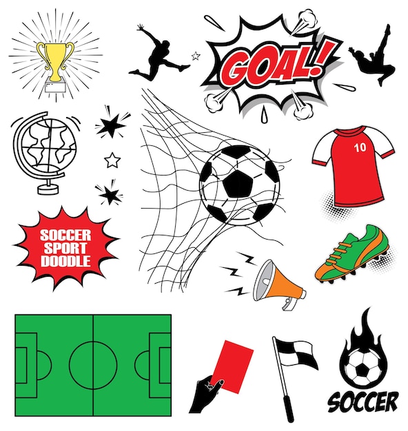 Doodle vector set Voetbal sportapparatuur en objecten zoals voetbal trui doelbol