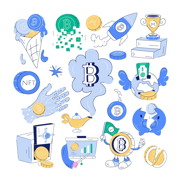 Vettore un vettore di doodle che mostra vari elementi degli investimenti in crittografia e le tendenze della blockchain