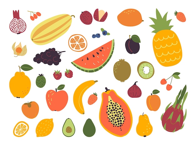 Doodle vers fruit Schets fruit eenvoudige decoratieve voedselsamenstelling Geïsoleerde grafische kunst abstracte appel en bessen exotische tropische snoepjes stijlvolle vector set