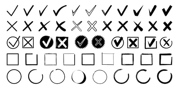 Doodle vinkjes Handgetekende symbolen voor het controleren en stemmen van de takenlijst checkbox met kruis en vinkjes vector iconen set