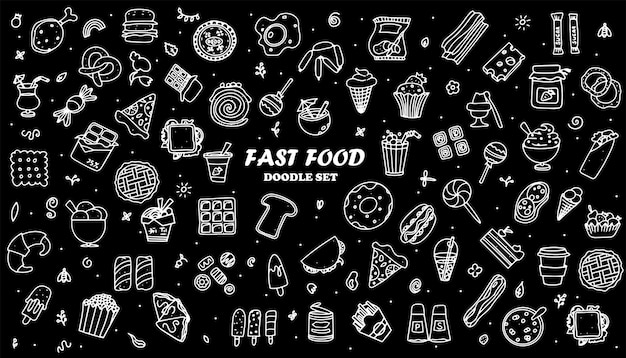 Doodle voedselset fastfoodproducten Een grote reeks cartoonvoedselillustraties