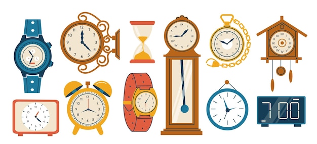 Vettore orologio doodle orologi analogici e moderni dei cartoni animati orologio da polso digitale e cronometri per interni domestici sveglia retrò isolata e clessidra quadrante con frecce set di strumenti per la misurazione del tempo vettoriale