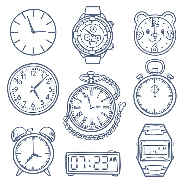 Doodle orologio, icone vettoriali orologio. icone disegnate a mano di vettore di tempo isolate. orologio e orologio, illustrazione del disegno di allarme, doodle cronometro