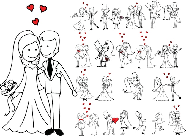 Vettore doodle matrimonio impostato per biglietti d'invito tra cui il design del modello elementi decorativi fiori sposa sposo chiesa cuori