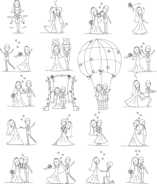 Doodle matrimonio impostato per biglietti d'invito tra cui il design del modello elementi decorativi fiori sposa sposo chiesa cuori