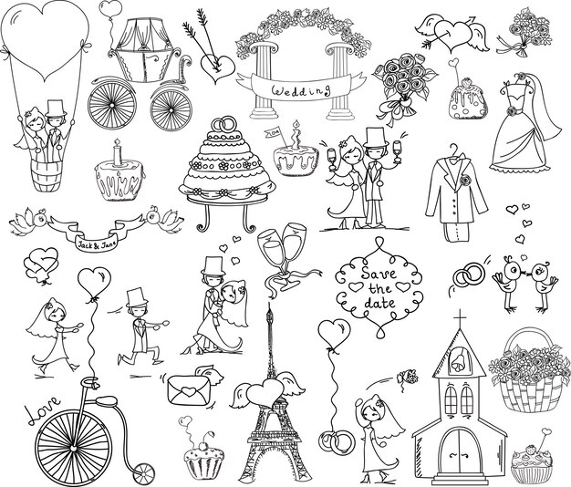 Vector doodle wedding set