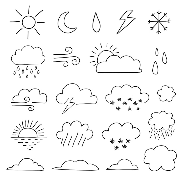 Vector doodle weerpictogram instellen zon wolk regen sneeuw wind etc