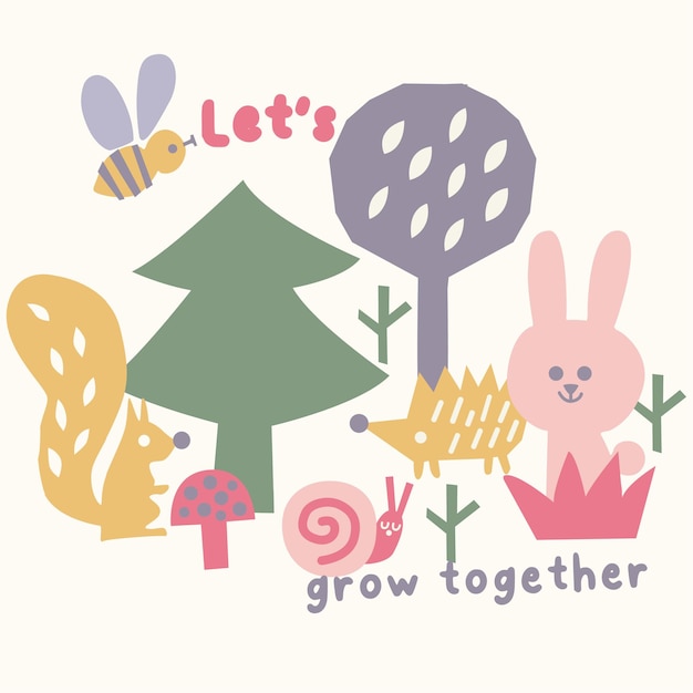 DOODLE WILDLIFE DIER EN VOGELS MET LAAT SAMEN GROEIEN SLOGAN GRAFISCHE VECTOR