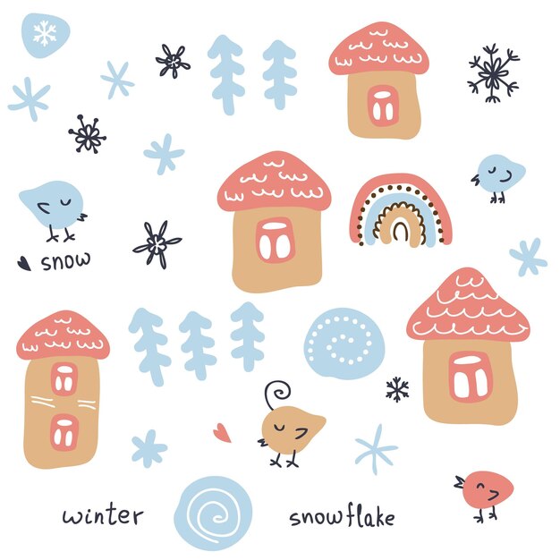 Doodle winter collection of houses christmas trees birds and snowflakes perfect for poster greeting card and prints hand drawn vector illustration for decor and design