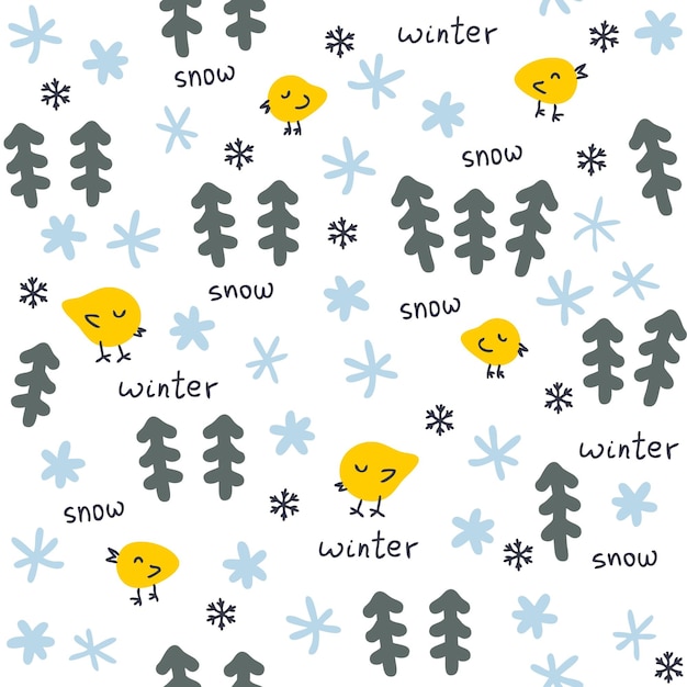 Doodle winter naadloze patroon met vogels kerstbomen en sneeuwvlokken perfect voor tshirt textiel en prints hand getrokken vectorillustratie voor decor en design