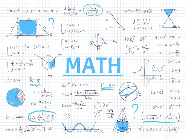 Doodle wiskunde. algebra en meetkunde schoolvergelijking en grafieken, handgetekende fysica wetenschappelijke formules.