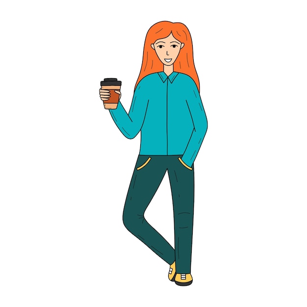 Vector doodle woman with cup of coffee vector isolated illustration