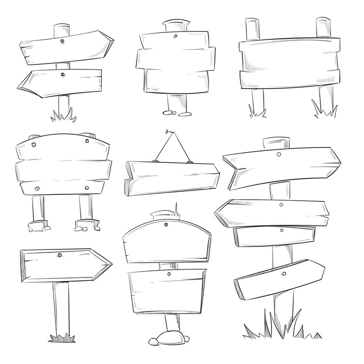 Vector doodle wood signs, hand drawn wooden direction arrows set