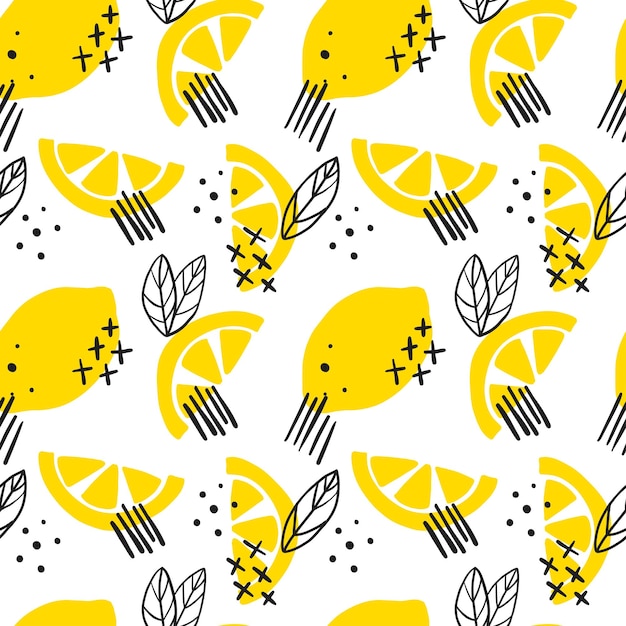 Doodle yellow lemons with black dots seamless pattern