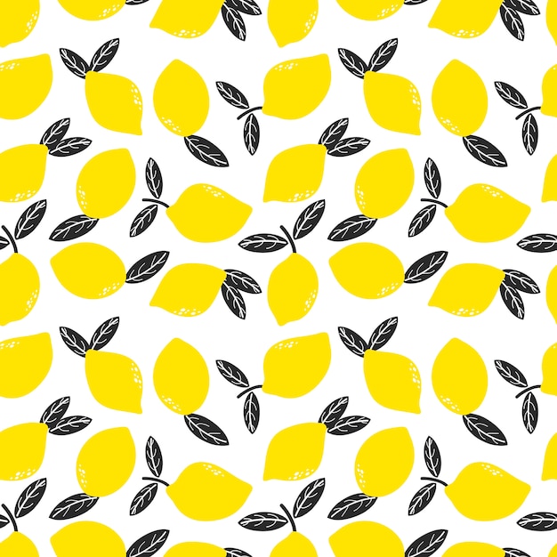 Doodle yellow lemons with leaf  seamless pattern