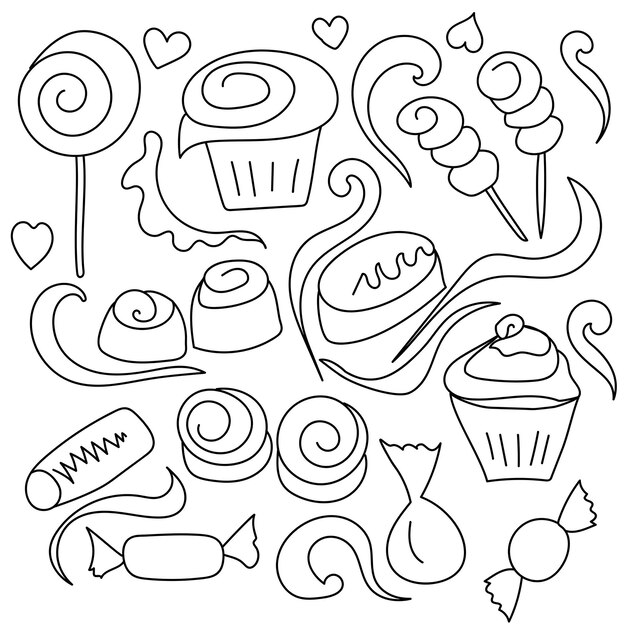 Doodles about sweets candies marshmallows cupcakes and decorative elements in the form of hearts