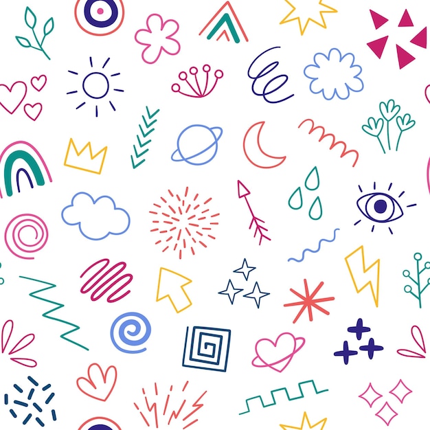 Doodles, abstract hand drawn shapes seamless pattern, simple drawings background