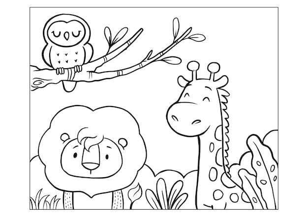 Doodles animal coloring sheet, lion, giraffe and owl