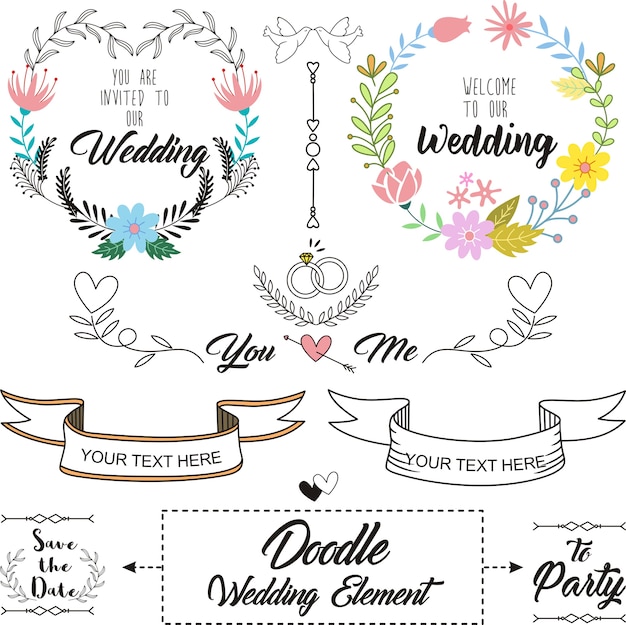 Vector doodles bruiloft elementen