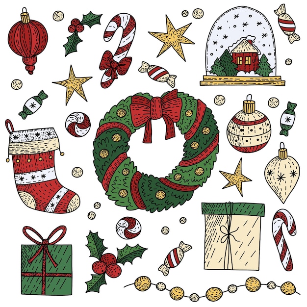 Doodles elementi di natale elementi vettoriali a colori illustrazione con decorazioni per il nuovo anno design per le stampe