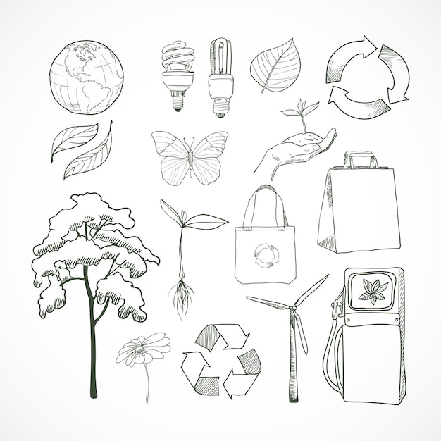 Doodles ecologie en milieu doodle elementen instellen