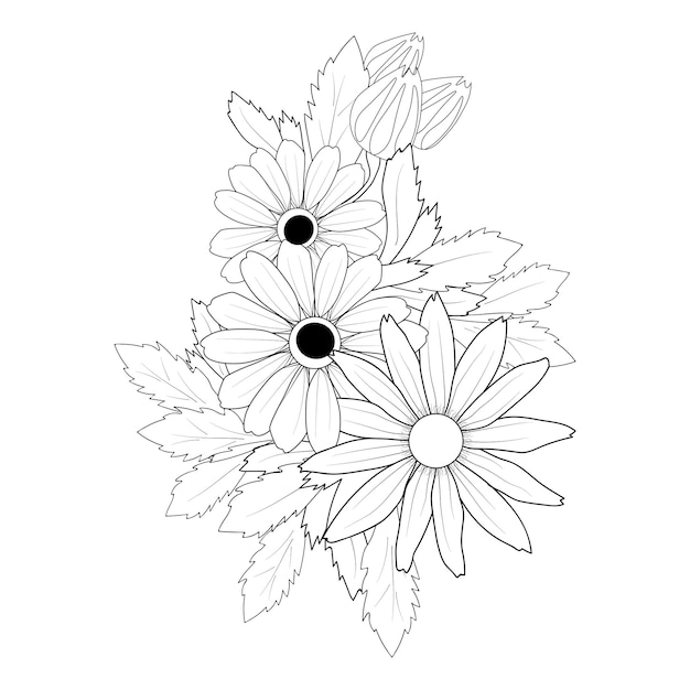 낙서 꽃 색칠 페이지 손으로 그린 식물 잎 개요 흰색 배경에