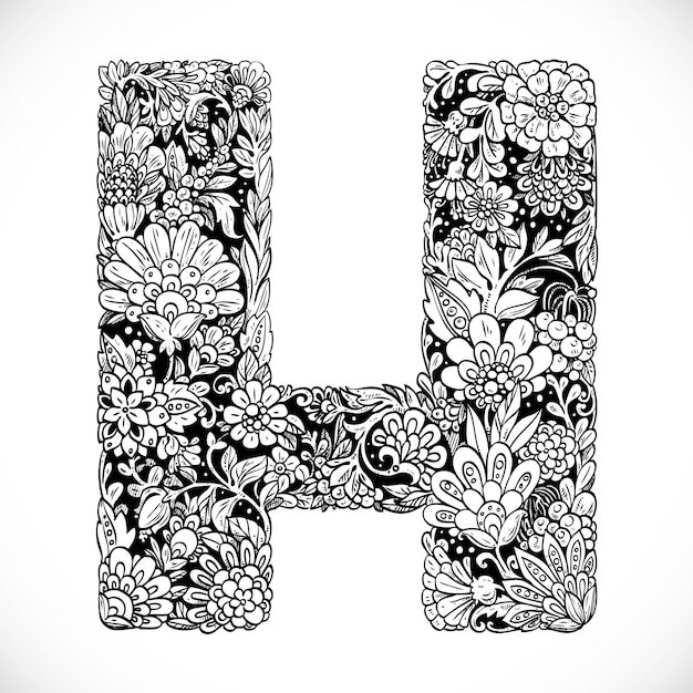 Doodles font from ornamental flowers letter h black and white