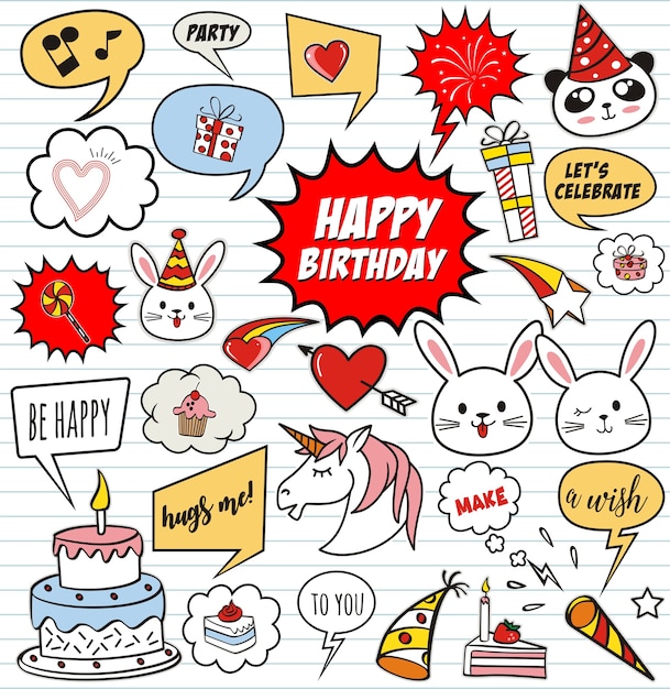 Doodles happy birthday with comic speech bubbles