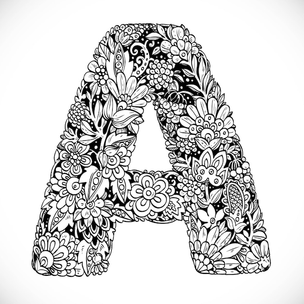 Doodles lettertype van sierbloemen letter a zwart-wit