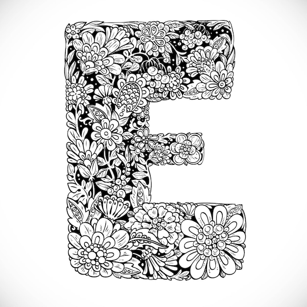 Vector doodles lettertype van sierbloemen letter e zwart-wit