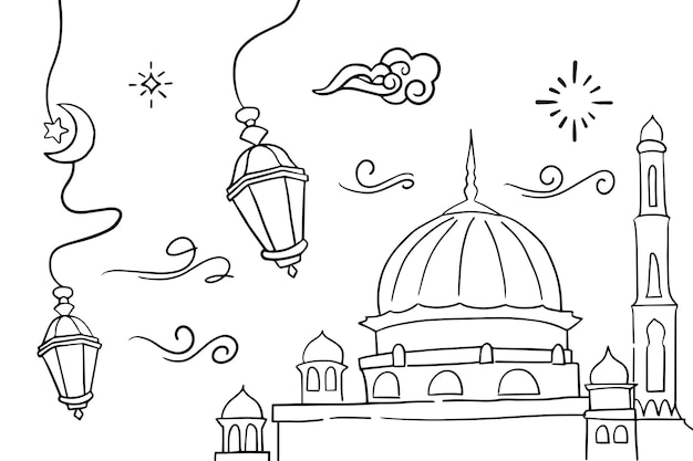 Doodles line art of ramadan kareem greeting card concept Vector illustration