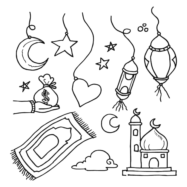 Vettore doodles line art del concetto di biglietto di auguri ramadan kareem illustrazione vettoriale