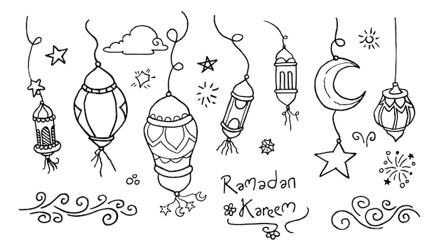 Vettore doodles line art del concetto di biglietto di auguri ramadan kareem illustrazione vettoriale