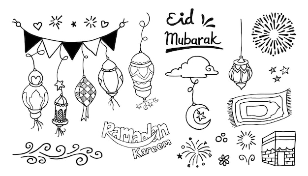 Doodles line art of ramadan kareem greeting card concept Vector illustration