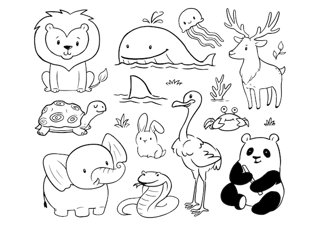 doodles panda, lion and animals coloring sheet