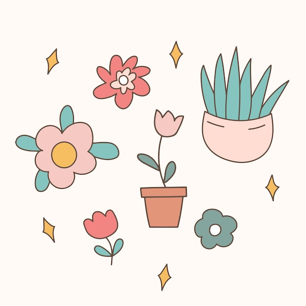 Vector doodles plants flowers cute