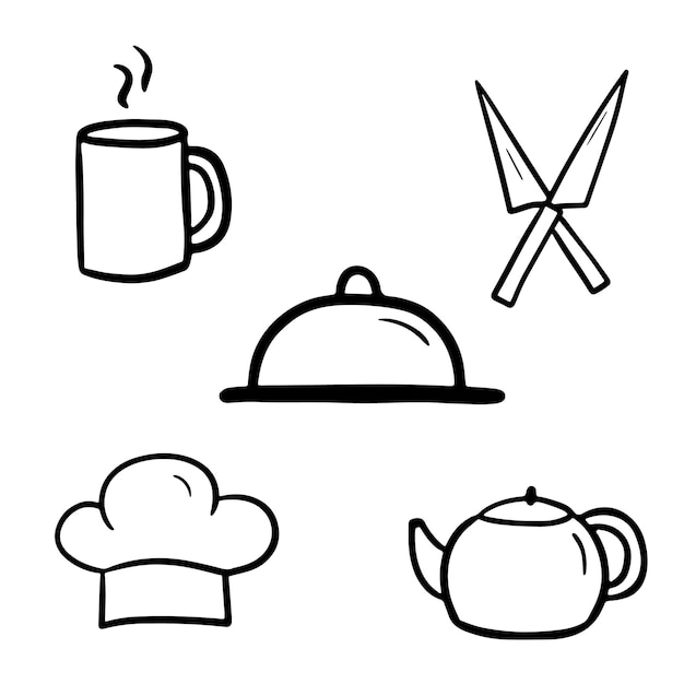 Doodles schattig keukengereedschap chef hat cartoon vector illustratie koken icon set geïsoleerd op een witte achtergrond