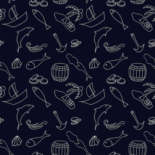 doodles seamless pattern on the marine theme barrel, pieces of eight, mermaid, boat, Dolphin