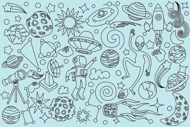 Doodles set of space objects.