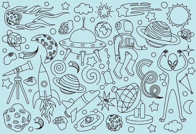 Doodles set of space objects.