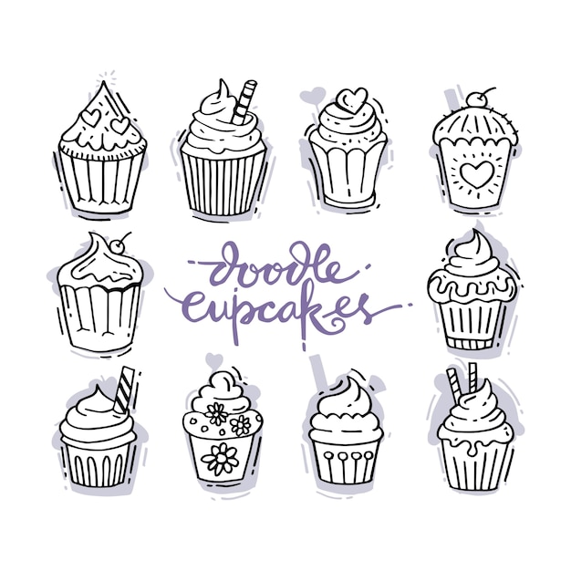 Doodles set with decorated sweet cupcakes