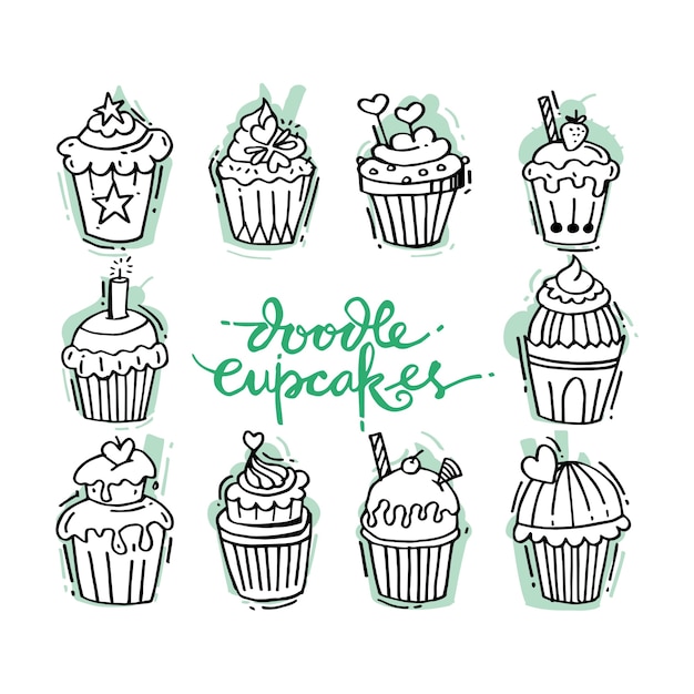 Vector doodles set with decorated sweet cupcakes